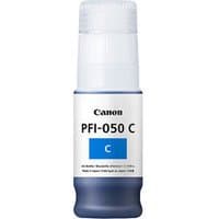 Canon PFI-050 C ink cartridge, original cyan, cylindrical bottle with blue label and white cap.