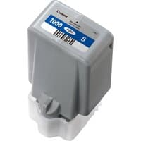 Gray Canon PFI-1000B blue ink cartridge with blue label and barcode on top.