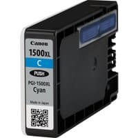 Canon PGI-1500XL cyan ink cartridge, black casing, labeled with blue and white details, QR code on front.