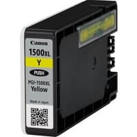 Canon PGI-1500XL yellow ink cartridge, black casing, yellow label, QR code, and push button.