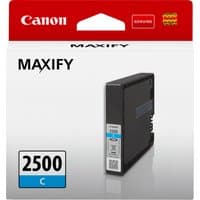Canon PGI-2500C Cyan Ink Cartridge in black casing with blue label, packaged in red and white Canon box.