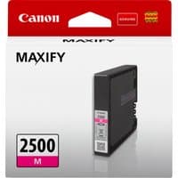 Canon PGI-2500M magenta ink cartridge in black casing with red Canon logo and MAXIFY branding on white packaging.