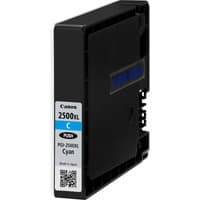 Canon PGI-2500XL cyan ink cartridge, black casing with blue label, high yield, rectangular shape.