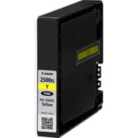 Black Canon PGI-2500XL yellow ink cartridge with yellow label and QR code on the front.