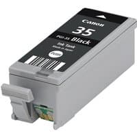 Gray Canon PGI-35BK black ink cartridge with barcode and model number on label, rectangular shape with chip contacts.