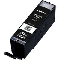 Canon PGI-550PGBK XL black ink cartridge, rectangular with label, QR code, and Canon logo on top.