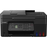 Canon PIXMA G4570 black wireless all-in-one printer with control panel, LCD screen, and visible ink tanks.