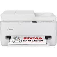 White Canon PIXMA TS7550i inkjet printer with Wi-Fi, front paper tray, and digital display screen.