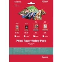 Canon VP-101 Photo Paper Variety Pack, red packaging, 4x6” and A4 sizes, 20 sheets, colorful photo samples on top.