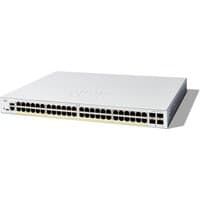 Cisco Catalyst 1300-48FP-4G switch, 48 GE ports, full PoE, 4 SFP slots, sleek white design with ventilation holes.