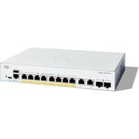 Cisco Catalyst 1300-8FP-2G switch, white, 8 GE ports, full PoE, 2x1GE combo ports, compact design.