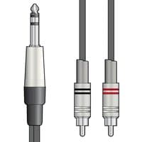 Black audio cable with silver 6.3mm TRS jack and two RCA plugs, one with red and one with black marking.