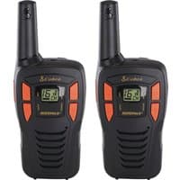 Black Cobra AM255 two-way radios with orange buttons, digital display, and 16 channels.