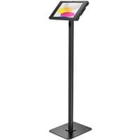 Black Compulocks iPad floor stand with sleek enclosure, tall pole, and stable square base for 10th-+11+th Gen iPads.