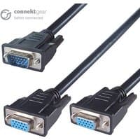 Black connektgear 150mm VGA splitter cable with one male and two female connectors, blue pin interfaces.
