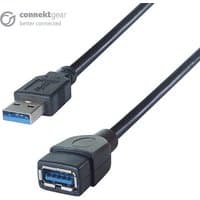 Black connektgear 2m USB 3 extension cable with blue-tipped A male to A female connectors, SuperSpeed branding.