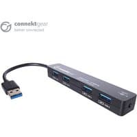 Black connektgear 4 Port USB 3 Hub with UK power supply, slim rectangular design, four blue USB ports, short cable.