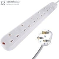 White connektgear 5m power extension block with 6 UK sockets and surge protection, UK plug shown separately.