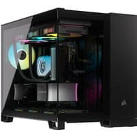 Black Corsair 2500D AIRFLOW Midi Tower with tempered glass panel and RGB lighting inside.