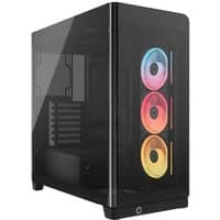 Black Corsair mid-tower gaming case with RGB fans and tempered glass side panel.