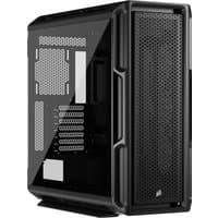 Black Corsair 5000T Midi Tower with mesh front panel, tempered glass side, and multiple ventilation slots.