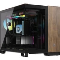 Black Corsair Midi Tower computer case with walnut panel and tempered glass side, featuring RGB lighting inside.