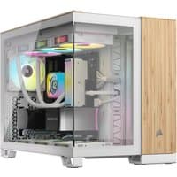 White Corsair Midi Tower computer case with bamboo panel and RGB lighting, featuring a tempered glass side panel.