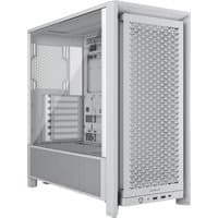 White Corsair FRAME 4000D Midi Tower with mesh front panel, tempered glass side, and multiple ports at the bottom.