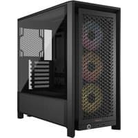 Black Corsair FRAME 4000D RS ARGB midi tower with mesh front panel and three RGB fans visible through side window.