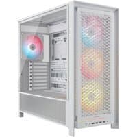 White Corsair FRAME 5000D RS ARGB Midi Tower with mesh front panel and three RGB fans, tempered glass side panel.