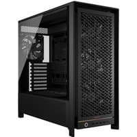 Black Corsair FRAME 5000D RS Midi Tower with mesh front panel, tempered glass side, and multiple fan mounts.