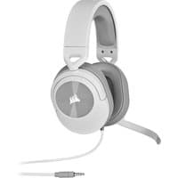 White Corsair HS55 SURROUND wired gaming headset with padded ear cups, adjustable headband, and attached microphone.