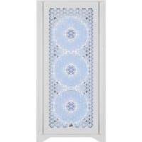 White Corsair iCUE 4000D RGB Midi Tower with mesh front panel and three illuminated cooling fans.