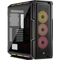 Black Corsair iCUE LINK 5000T LX RGB Midi Tower with mesh front panel, three RGB fans, and tempered glass side panel.