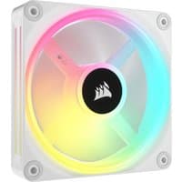 White Corsair iCUE LINK QX120 RGB computer case fan with multicolor LED lighting and Corsair logo in the center.