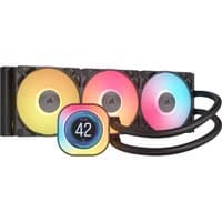 Corsair iCUE LINK TITAN 360 RX LCD cooler, black, with three RGB fans and digital display, connected by two tubes.