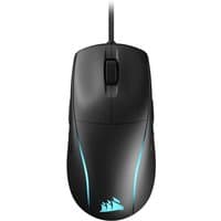 Black Corsair M75 RGB gaming mouse with blue LED accents, USB Type-A connection, and ergonomic design.