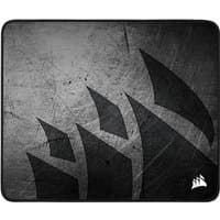 Grey Corsair MM300 PRO gaming mouse pad with black abstract design and stitched edges.