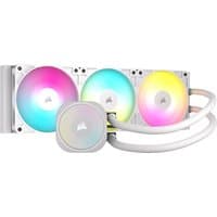 White Corsair liquid cooler with three ARGB fans, circular pump head, and white tubing.