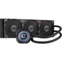 Black Corsair Nautilus 360 RS liquid cooler with three 12 cm fans and circular LED display.