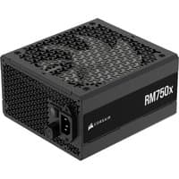 Black Corsair RM750x power supply unit, 750W, 24-pin ATX, with mesh ventilation and Corsair logo on the side.