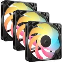 Black Corsair RS120-R ARGB 12 cm computer case fans, 3-pack, with multicolor LED lighting and curved blades.