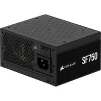 Black Corsair SF750 power supply unit with 750 W, 24-pin ATX connector, and ventilated casing.