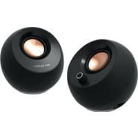 Black Creative Labs Pebble Pro speakers with spherical design and copper-colored drivers.
