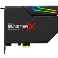 Black Creative Labs Sound BlasterX AE-5 Plus PCI-E card with RGB lighting and red logo.