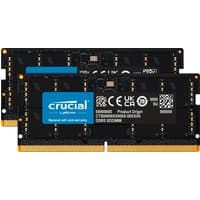 Crucial 64GB DDR5 memory module set, 2 black 32GB SO-DIMM sticks with blue Crucial logo and gold connectors.