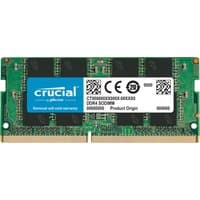 Green Crucial DDR4 8GB SO-DIMM memory module with black chips and white label.