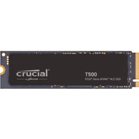 Crucial T500 1TB M.2 2280 SSD with black casing, gold connector, and white branding text.