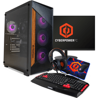 CyberPower gaming PC with glass panel, purple LED fans, keyboard, mouse, headset, and monitor displaying logo.