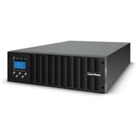 Black CyberPower UPS with digital display, vented front panel, and control buttons on the left side.